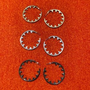 3 Fun Pack SPIKED Style Pierced Earrings_ Gold, Silver & Gun Metal Finish.